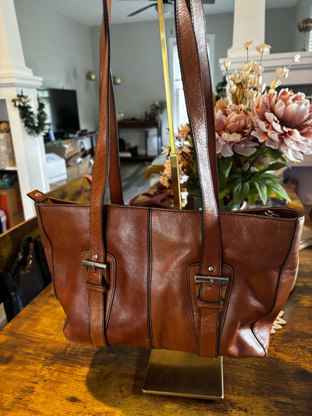 Etienne Aigner Striped Leather Tote Shoulder Bag Brown Multicolor - Picture 3 of 9